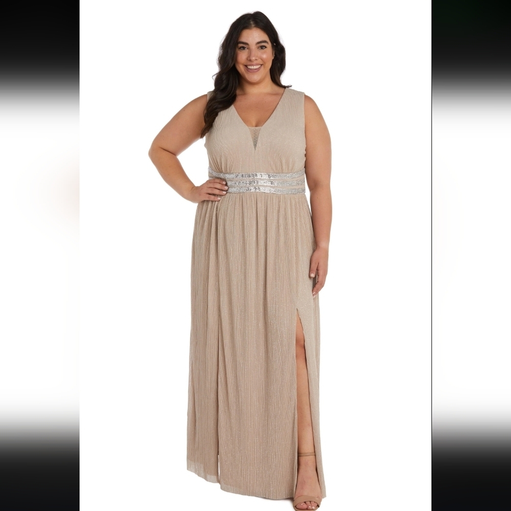 Like New Gorgeous R&M Richards Tan Maxi Dress with Silver Details